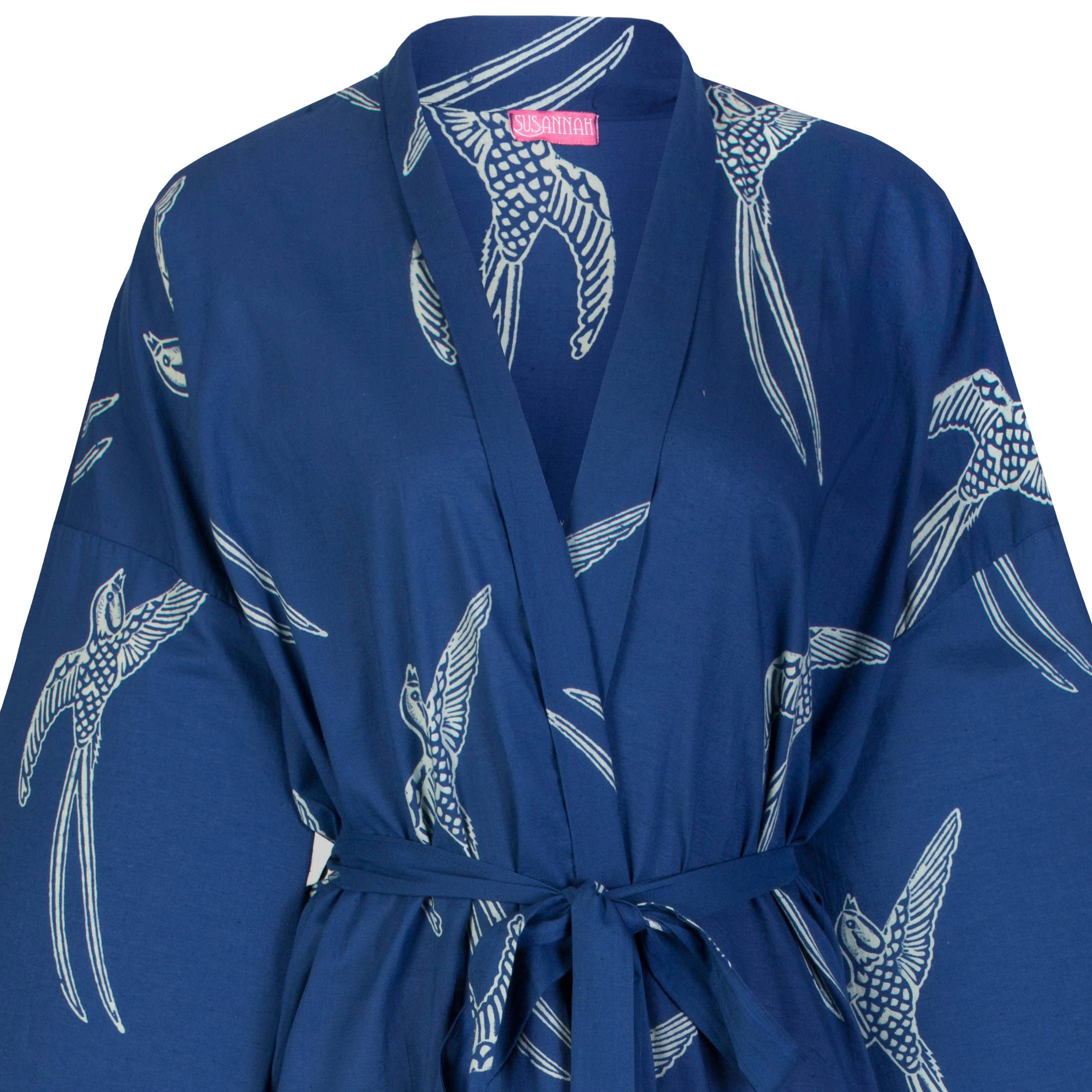 Susannah Cotton – wholesale Morgonrock - Unisex – Susannah bomull Kimono mantel - lång tailed fågel vit på blå4