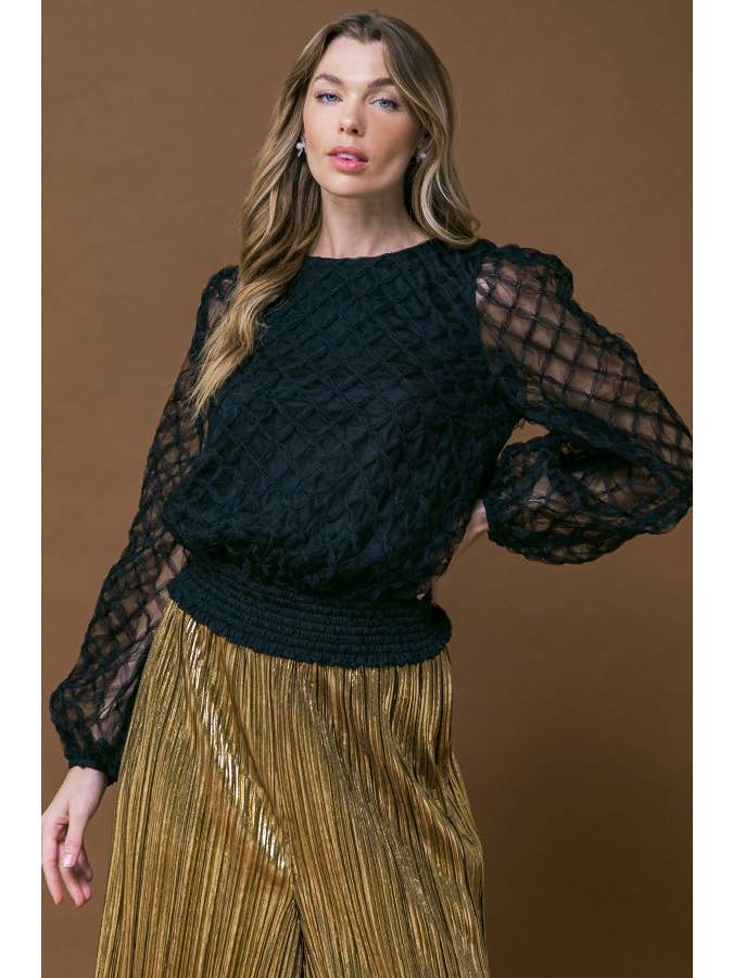 Black A solid textured woven top - IT12722 for wholesale on Faire3