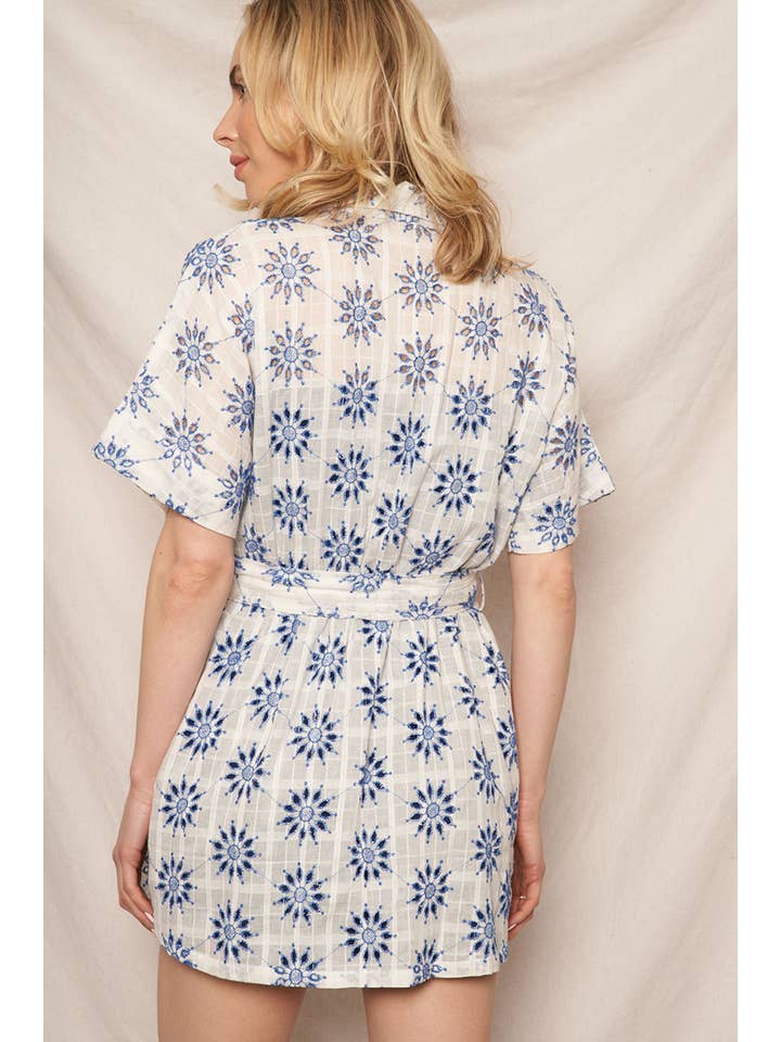 White Blue Eyelet Embroidered Button Down Mini Shirt Dress for wholesale on Faire