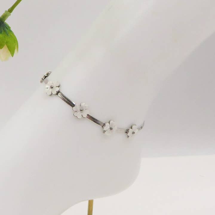 Daemon srls - Wholesale Cuff Bracelet - ELEONOR FLOWERS ~ Cavigliera in ACCIAIO INOSSIDABILE fiori in madreperla + catena snake piatta6