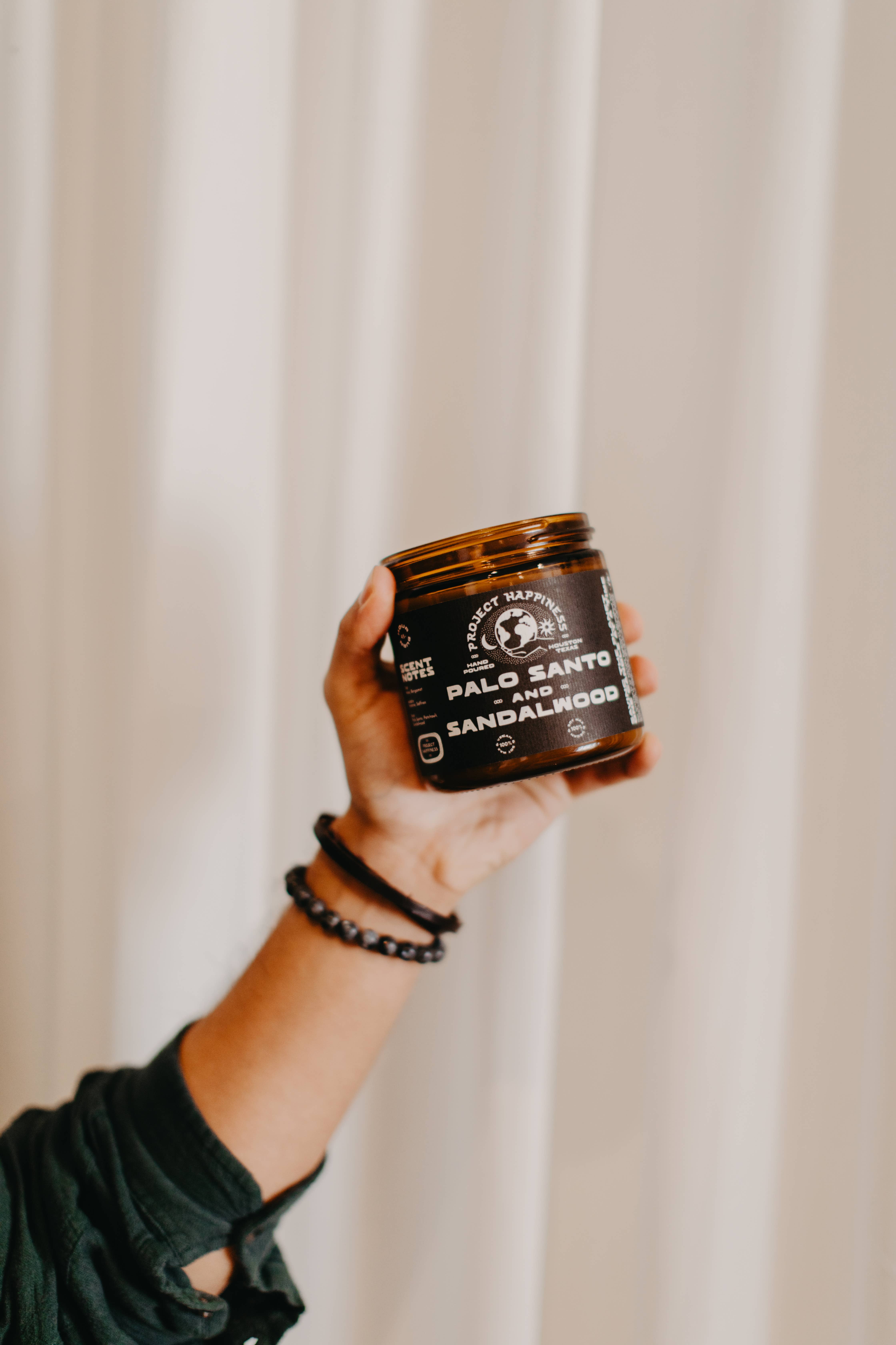 Project Happiness Candle Co. - Wholesale Jar/Filled Candle - Palo Santo and Sandalwood Soy Candle - 8oz