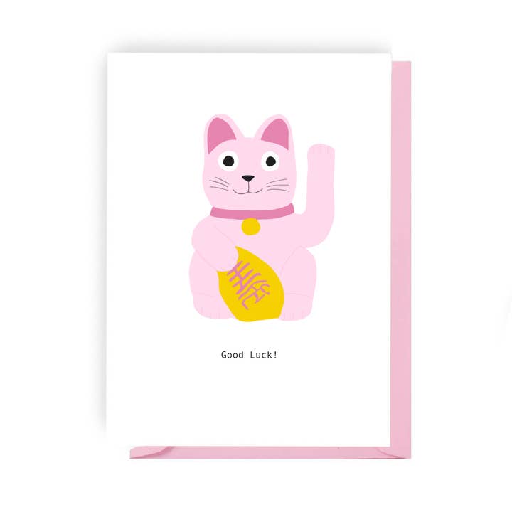 Lucky Cat - illustrated Good Luck Card for wholesale by Olive and Clive