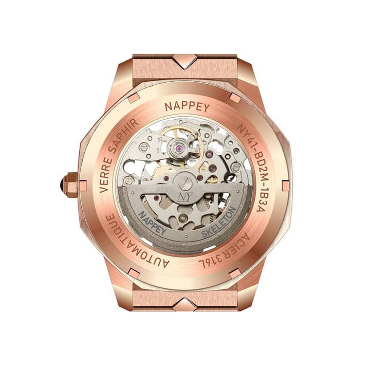 Nappey - Wholesale Wrist Watch - Men's - Nappey Skeleton Rose Gold And Black Leather Brown 115X94X7613