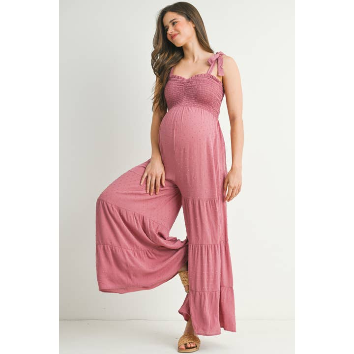 Combinaison de maternité à jambes larges avec bretelles à nouer et smocks pour la vente par Hello Miz