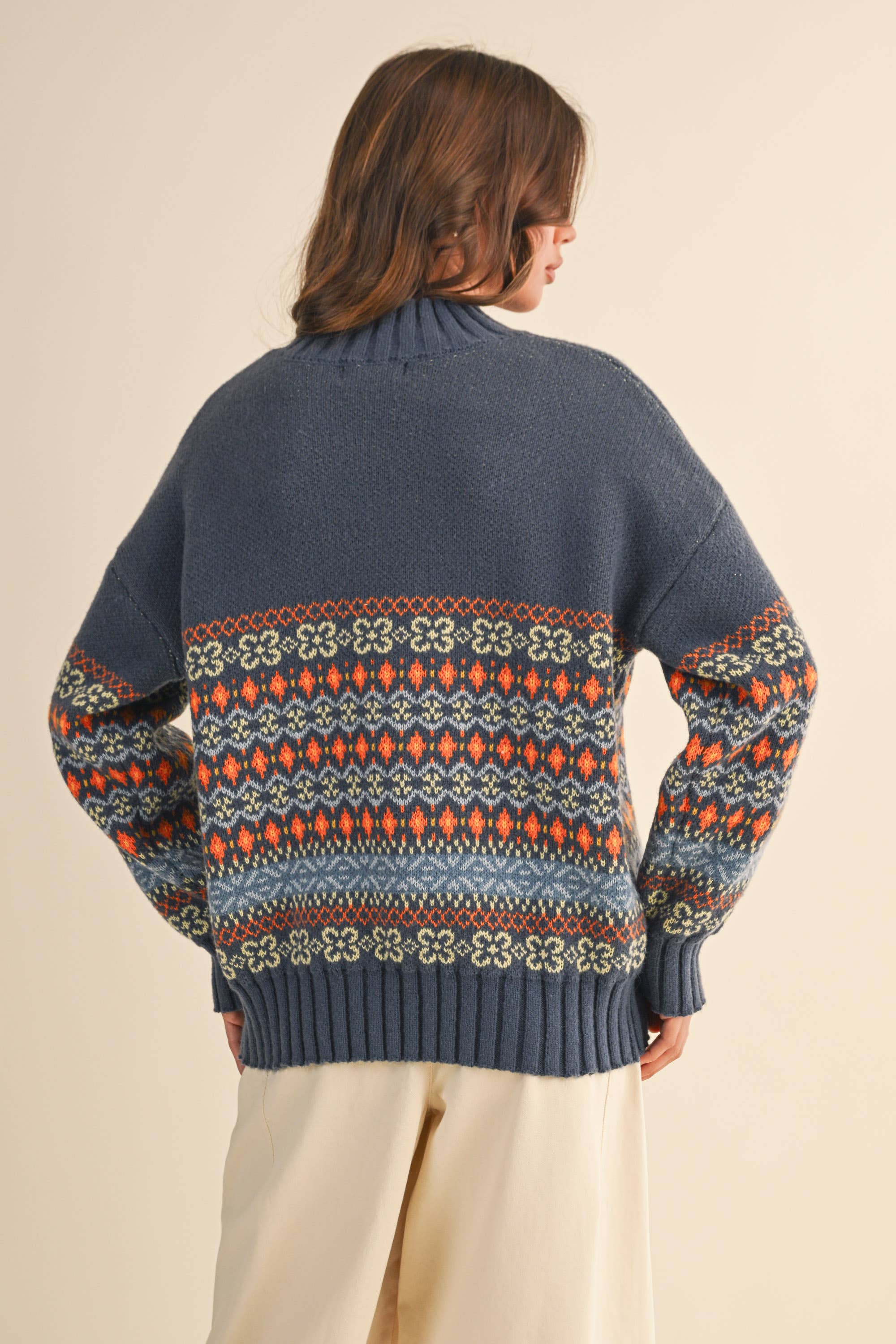 COMBO MARINE Haut de pull à col montant à motif rayé contrasté IT4443 en vente sur Faire6