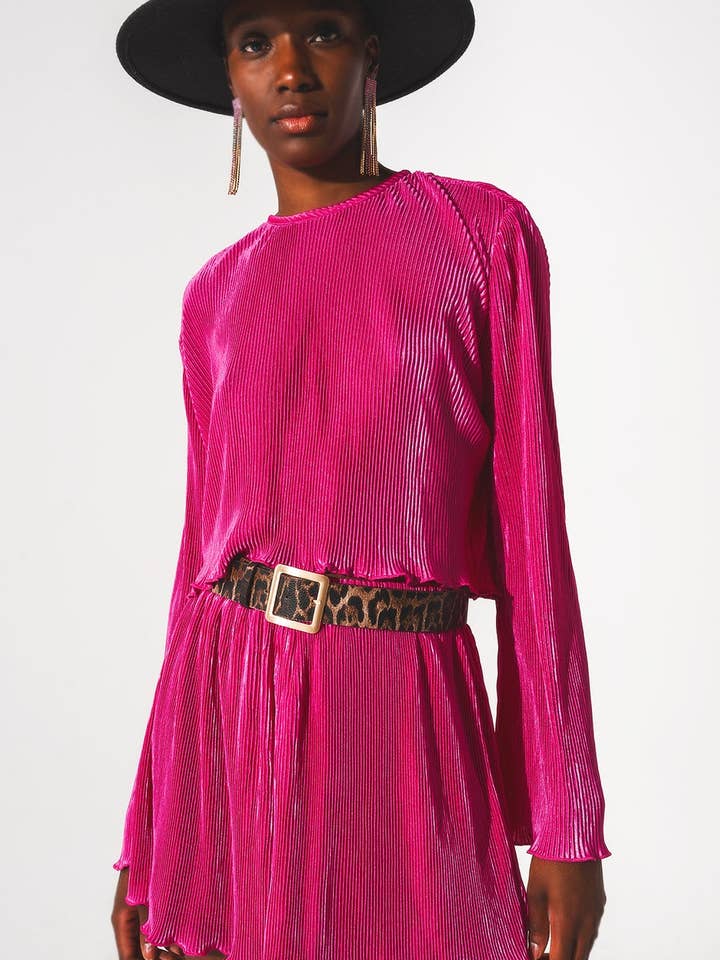 Crop-Top mit plissiertem Rundhalsausschnitt in Fuchsia für den Großhandel von Q2—All Orders:Free Duties for the US,UK,and Canada