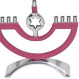Metal Candle Menorah Pink Enamel with Star of David for wholesale by Boker-Tov Shalom