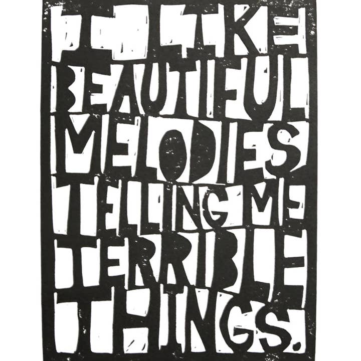 LINOCUT - I like beautiful melodies - Hand-pressed linoleum block print (8x10in) for wholesale by The Big Harumph