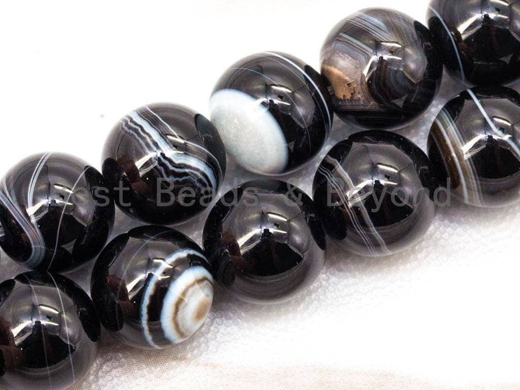 BestBeads&Beyond - Wholesale Beads - Natural Black white Banded Agate Beads, Round Smooth,SKU#Q61