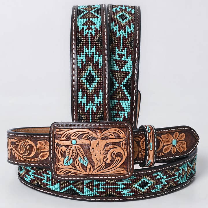 LS Western - Wholesale Belt - Women's - ADBLF269 Turquoise Beaded Navajo Western Belt with Tooled Bull Skull Buckle