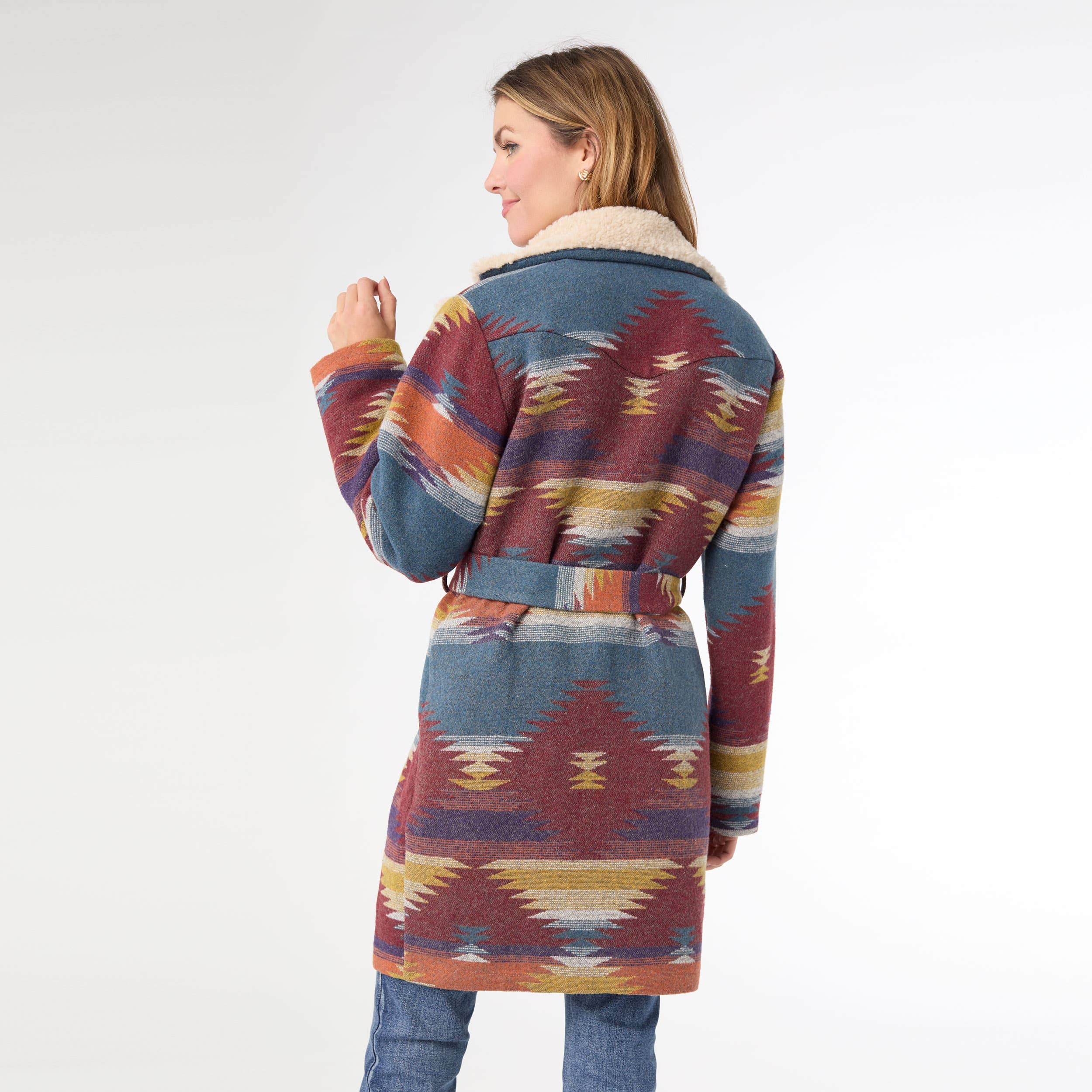 Rouille/Denim Surchemise imprimée aztèque ceinturée rubis en vente sur Faire2