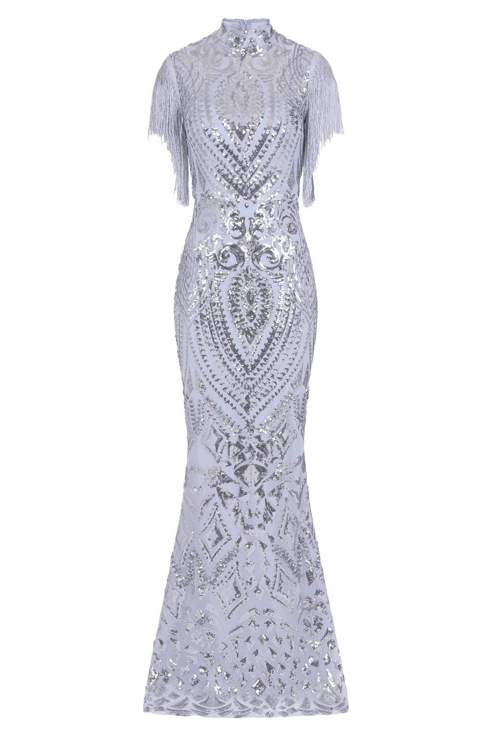 Nazz Collection Clothing Ltd - Wholesale Gown - Women's - Magic Vip Silver Luxe Tassel Fringe Sequin Embellished Illusion Maxi Dress3