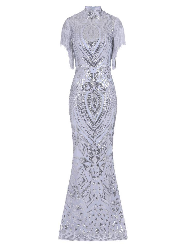 Nazz Collection Clothing Ltd - Wholesale Gown – Women's - Magic Vip Silver Luxe Tassel Fringe Sequin Embellished Illusion Maxi Dress3