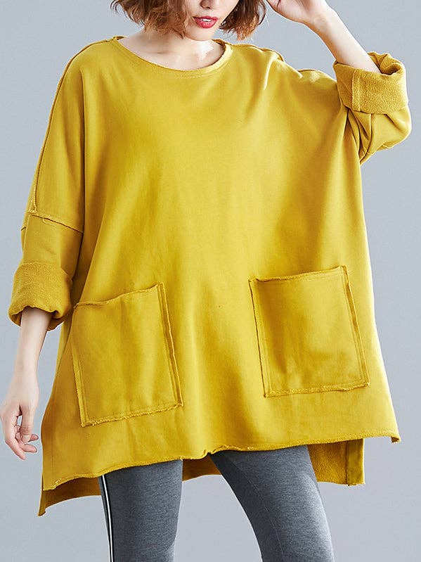 High-Low Long Sleeves Pockets Solid Color Split-Joint Split-Side Round-Neck Sweatshirt Tops for wholesale by StyleGalX