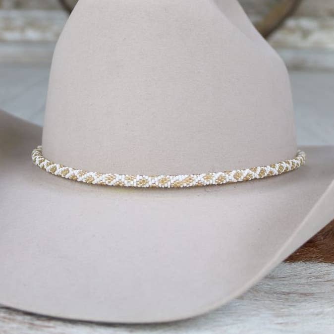 Round Beaded Hat Band (White & Gold) for wholesale by Willow Lane Hat Co.