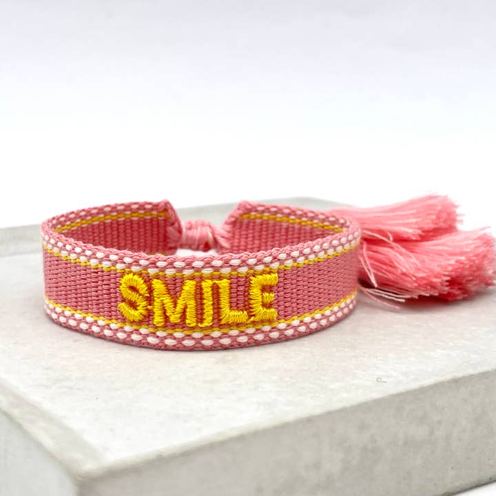 SMILE statement bracelet woven, embroidered small for wholesale by Parsley & Pepper