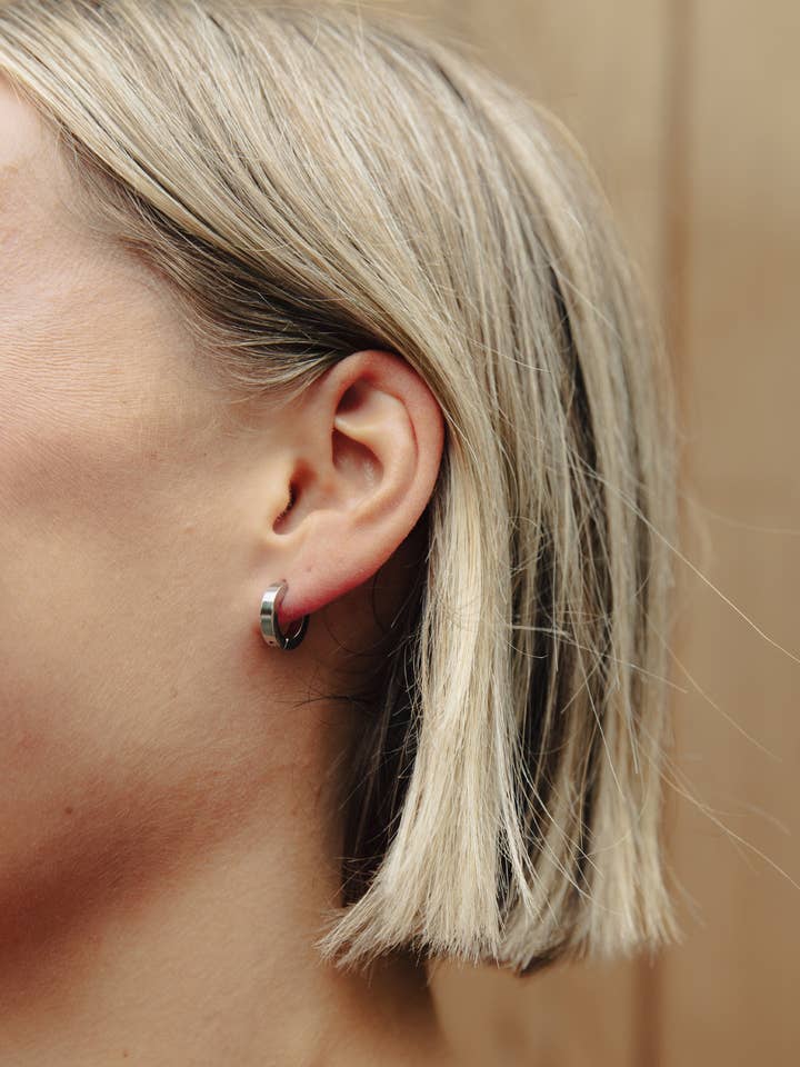 Silver Flat Huggie Earrings, Waterproof for wholesale by Nordic Muse