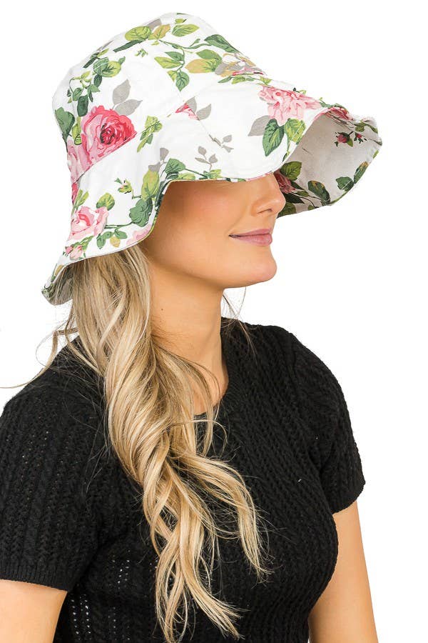 Cap Zone – Engroshandel Bucket hat - Dame – Solhat med stort skyggefelt i bucket-stil med blomsterdesign på begge sider5