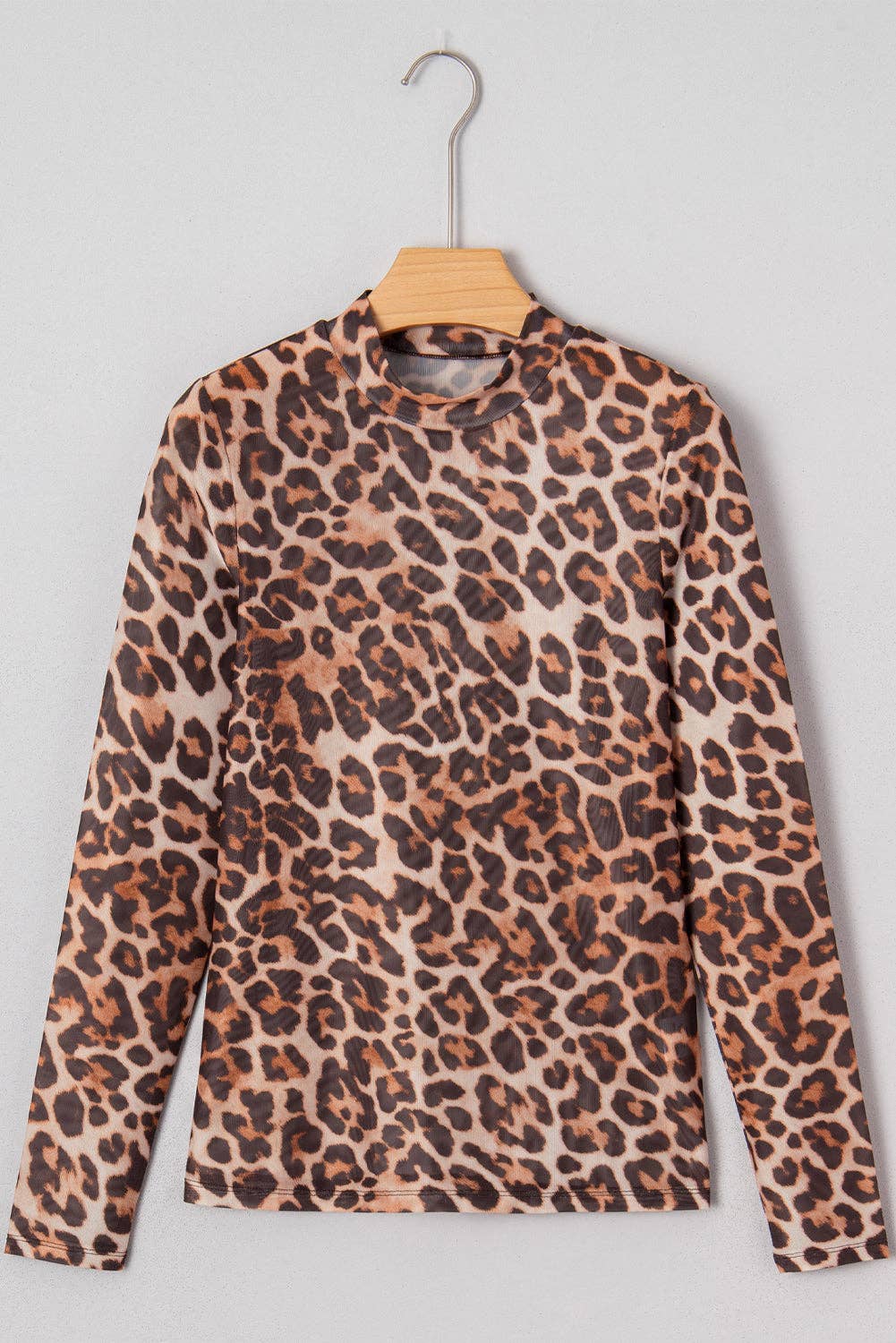 Brown FB Leopard Mesh Mock Neck Long Sleeve Top for wholesale on Faire