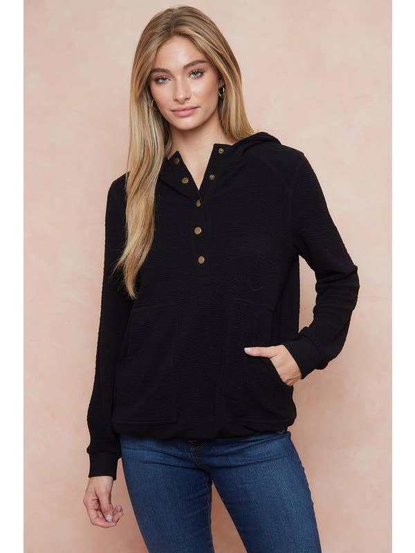 Doe and Rae – Engroshandel Hoodie – Kvinder – Knappet tekstureret hættetrøje m/løbegang - 10092J1