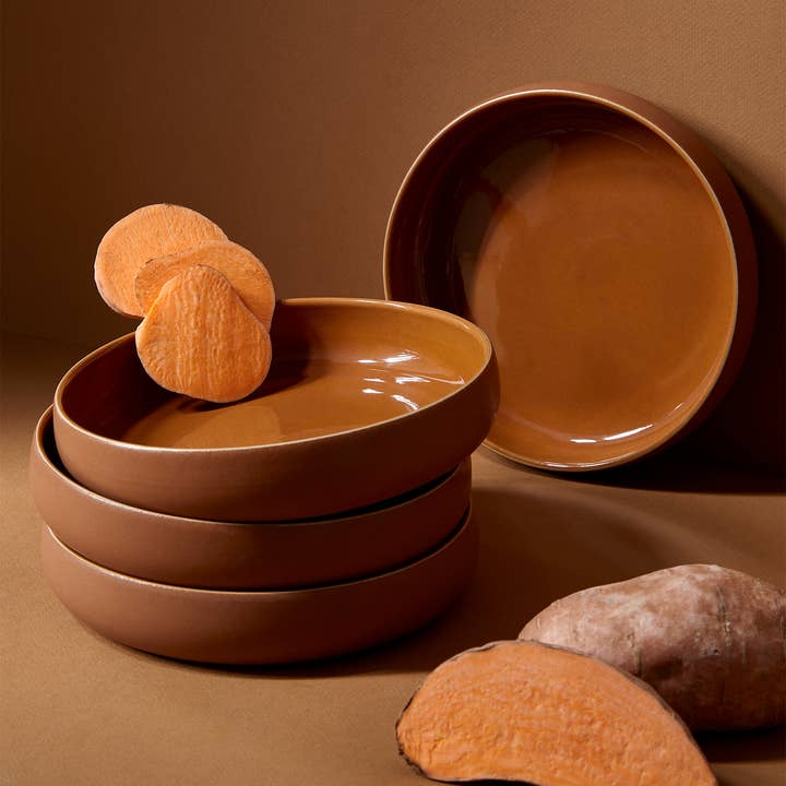 GHARYAN Stoneware & Olive Wood Tableware | Ships from USA - Wholesale Salad Plate - Handmade Stoneware Pasta/Salad Plate | Edan 7.9"12