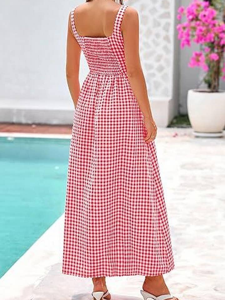 NINEXIS - Wholesale Dress - Women's - CWDHL1084_SPAGHETTI STRAP SQUARE NECK PLAID SHIRRED DRESS8