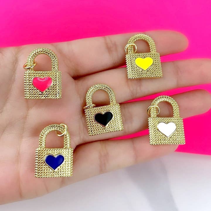 18k Gold Filled Textured Lock Heart Charms Featuring Eanmel Colorful Hearts Wholesale Jewelry Making Supplies for wholesale by DIJU Jewelry