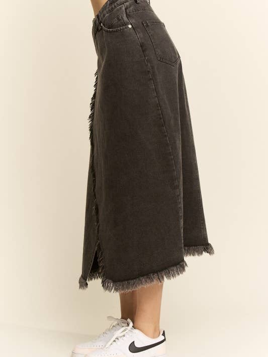 Black FRAYED WRAP DENIM MIDI SKIRT for wholesale on Faire1