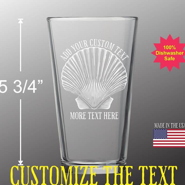 Scallop Shell Pint Glass - Custom Etched Drinkware | Personalized Glass Gift for wholesale by Adirondack Etching LLC