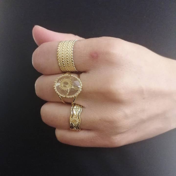 Wave Shape Adjustable Ring, Sun Detail for wholesale by Bijoux 7bis