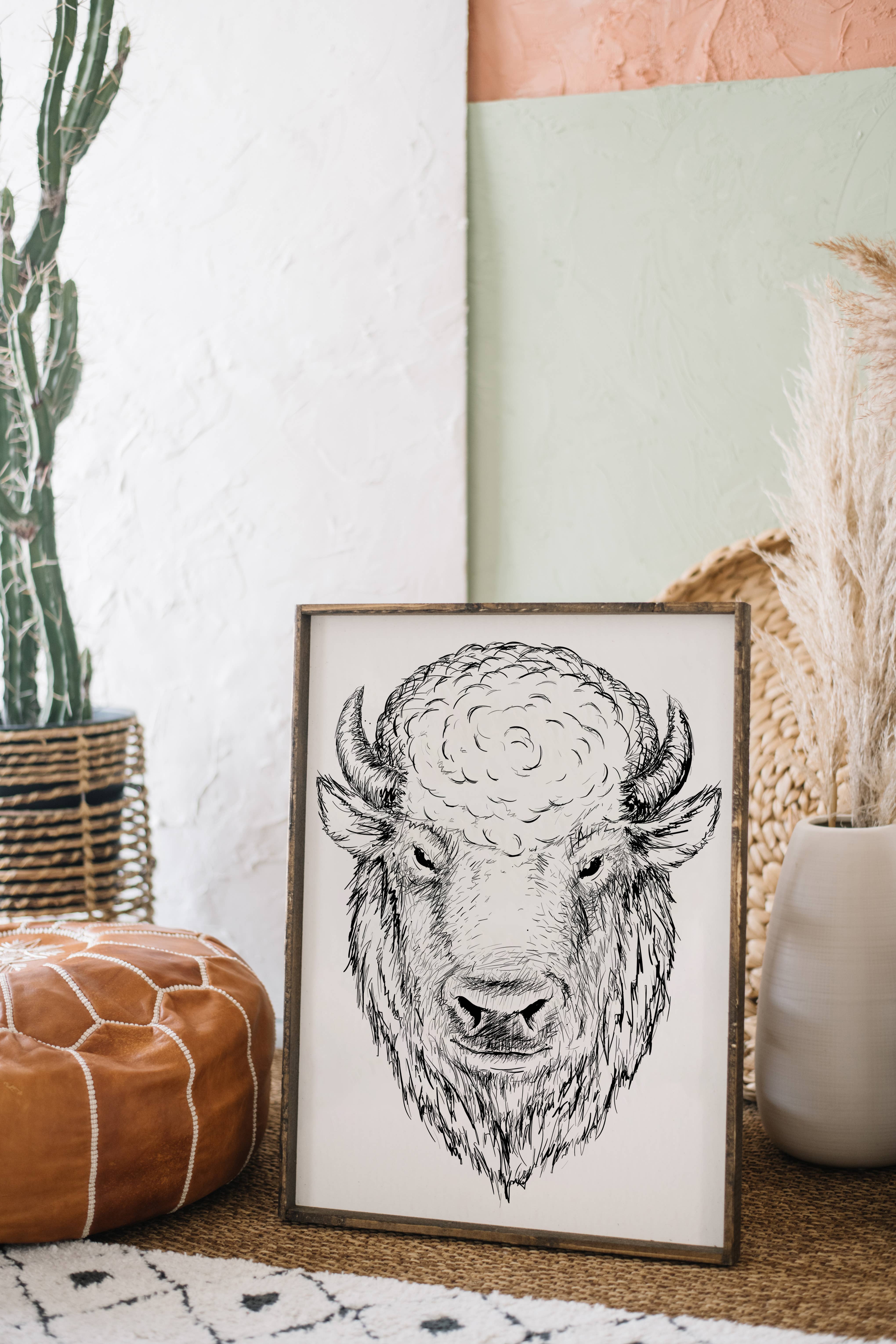 Williamraedesigns - Wholesale Art Print - Bison Line Art Framed Print – Western Buffalo Wall Art 1