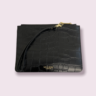 Mila Rose London - Vente Pochette – femme - Pochette en cuir noir imprimé crocodile Cadeau de Noël13