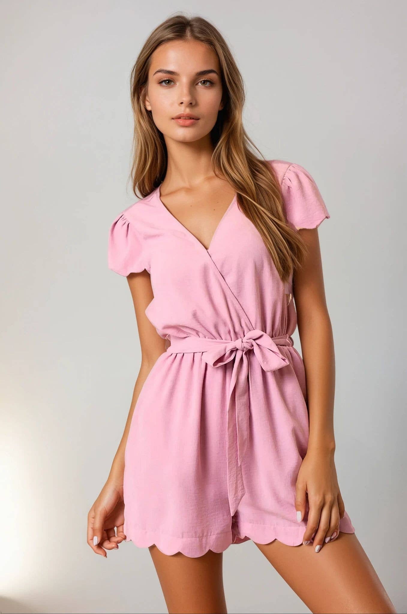 Mauve Scalloped Hem Romper with Self-Tie Ribbon - 27015R for wholesale on Faire1