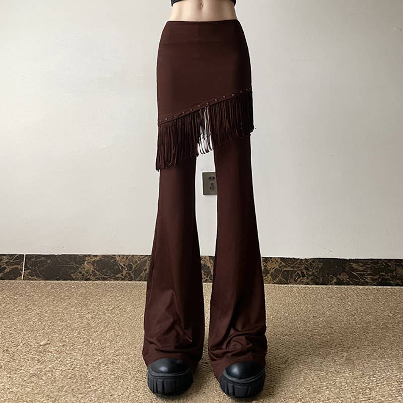 BROWN SOLID COLOR CASUAL BELL BOTTOMS WITH FRINGE DROP for wholesale on Faire1