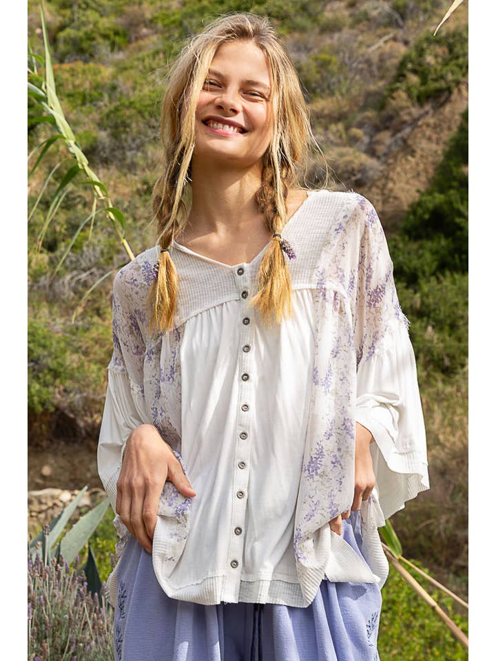 Pol Clothing - Wholesale Knit Top - Women's - Oversize V-neck bell sleeve floral print hoodie knit top