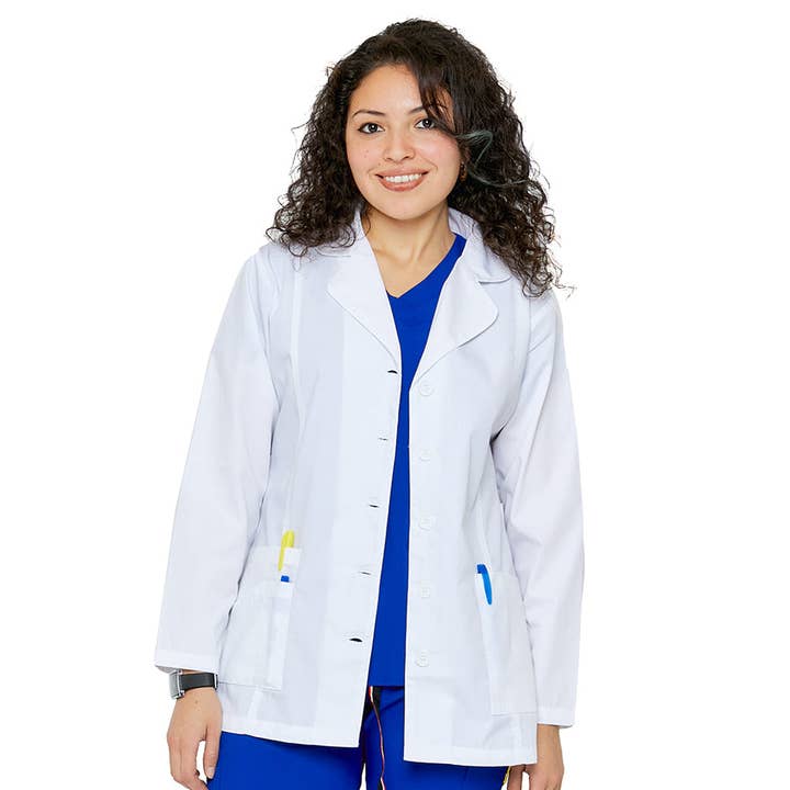 White Women's Princess-Cut Short Lab Coat Uniform for wholesale on Faire0