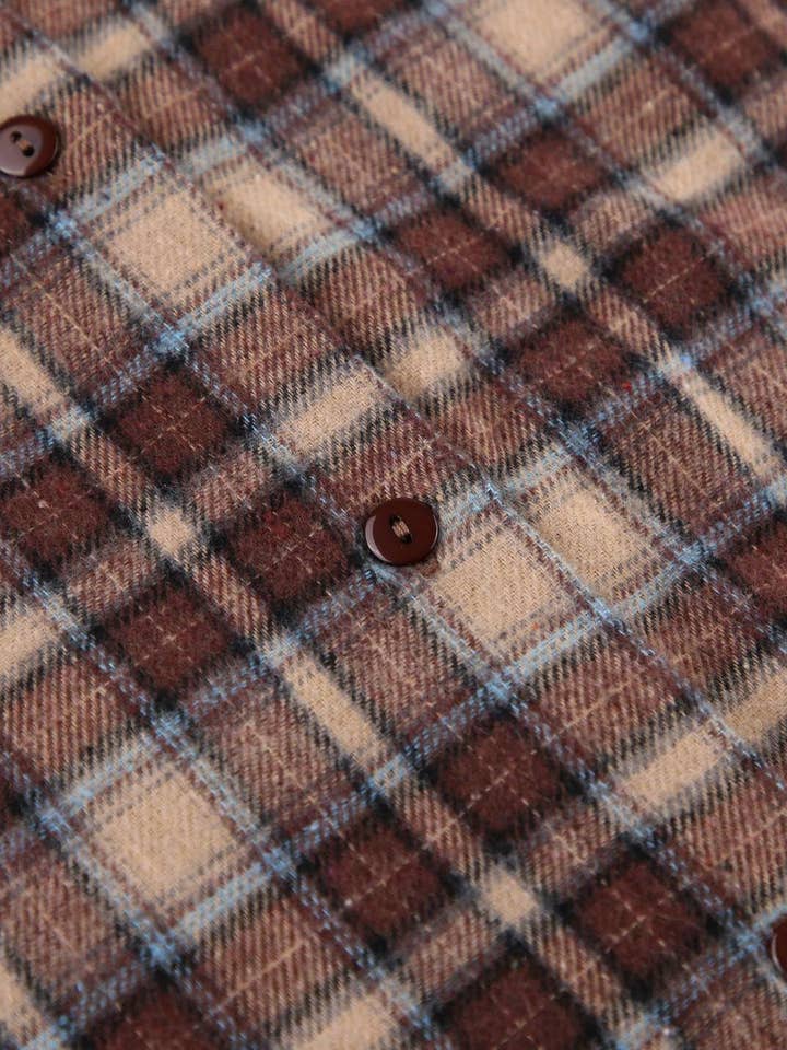 Khaki Loose American vintage long design plaid shirt for wholesale on Faire6