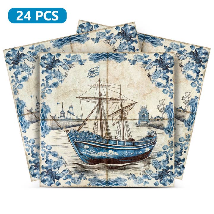 Blauw schip Delft Mooi patroon eenvoudig te installeren voor woningrenovatie Model - D27 voor wholesale door Mi Alma LLC