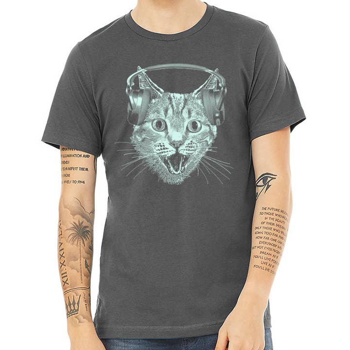 MISSION THREAD CLOTHING – Großhandel T-Shirt mit Siebdruck – Herren – Katzen-T-Shirt mit Kopfhörern für Herren, Katzen-DJ-Shirt für Herren