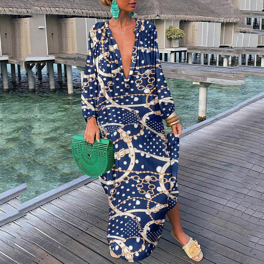 SALINA TRADING INC - Wholesale Dress - Women's - Women Bohemian Elegant Vintage Long Sleeve Button Loose Big V Neck Dress1