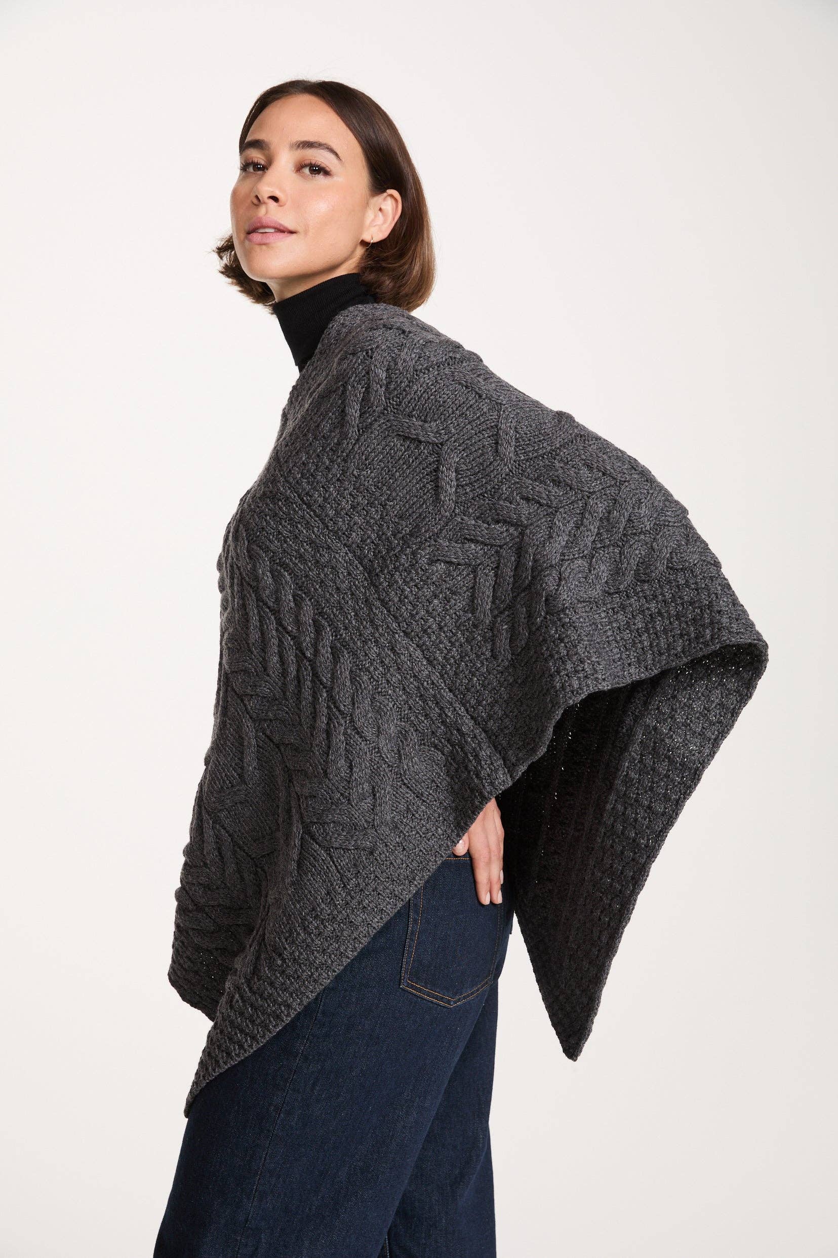 Aran Woollen Mills - Wholesale Poncho - Women's - Aasleagh Falls Ladies Aran Poncho - Grey6