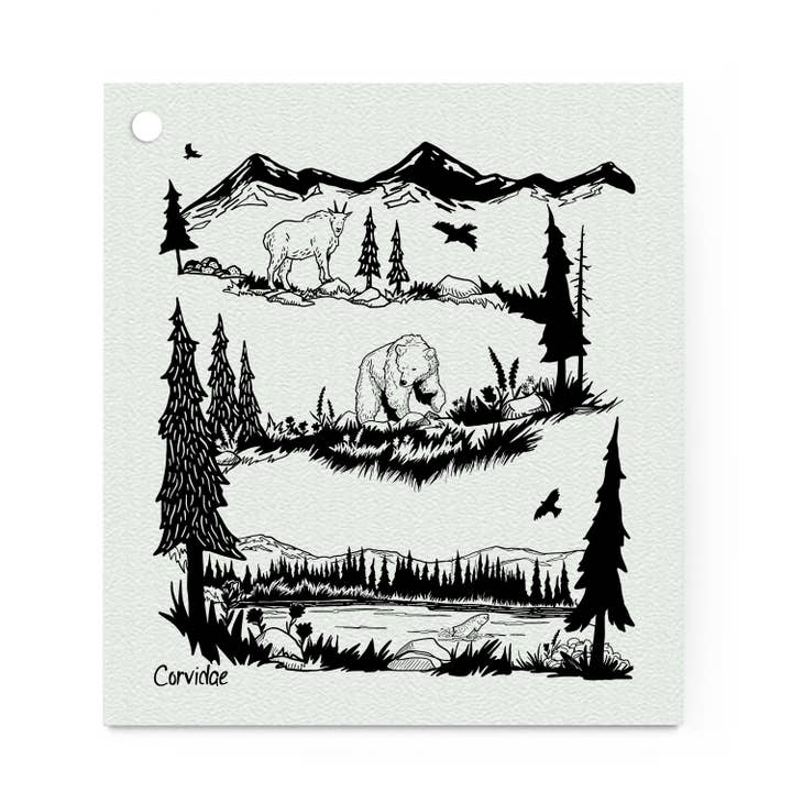 Alpine Mountains Carabiner Camping Swedish Dishcloth for wholesale by Corvidae drawings & designs