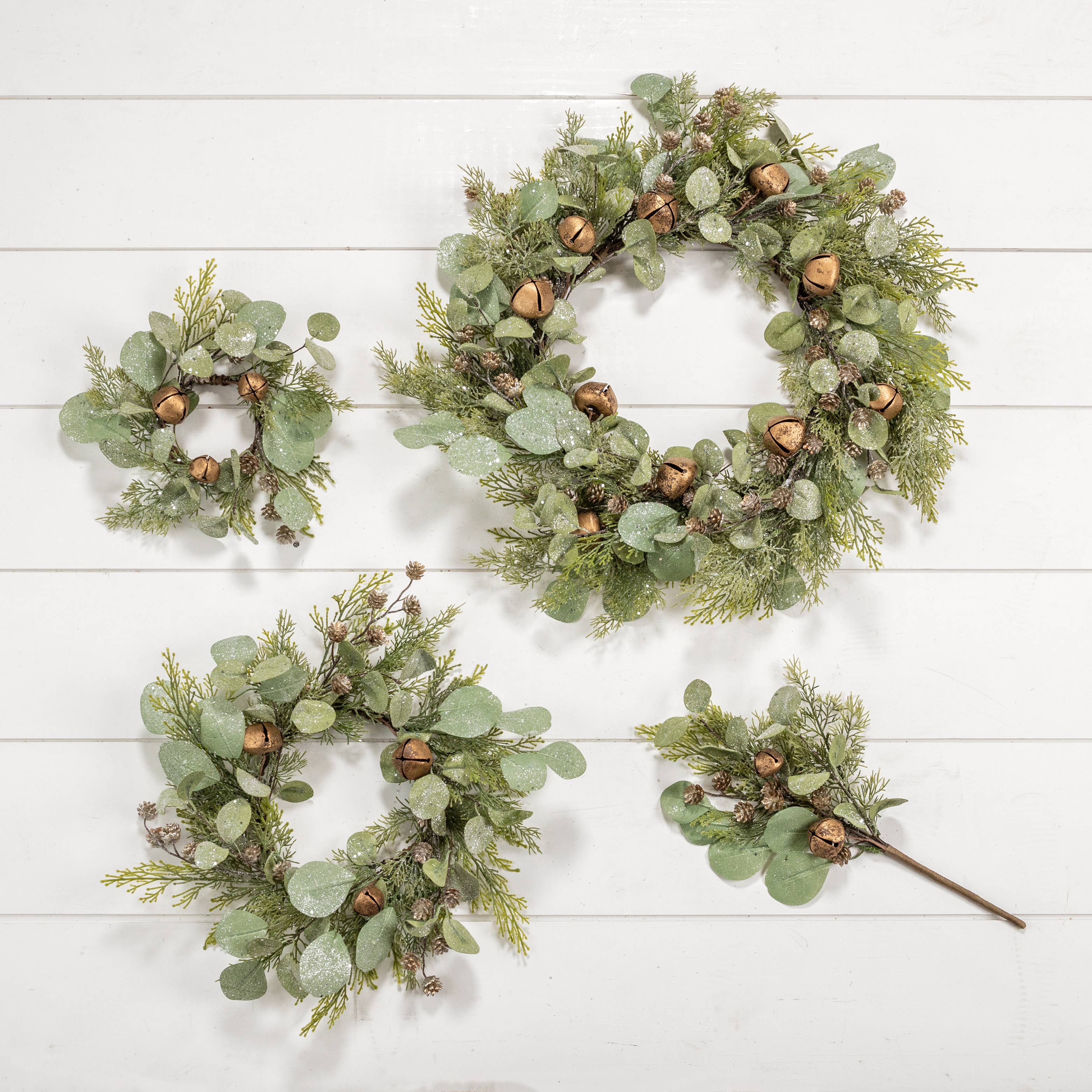 Ragon House - Wholesale Wreath - 14" CEDAR, CONES, EUCALYPTUS & JINGLE BELL CANDLE RING2