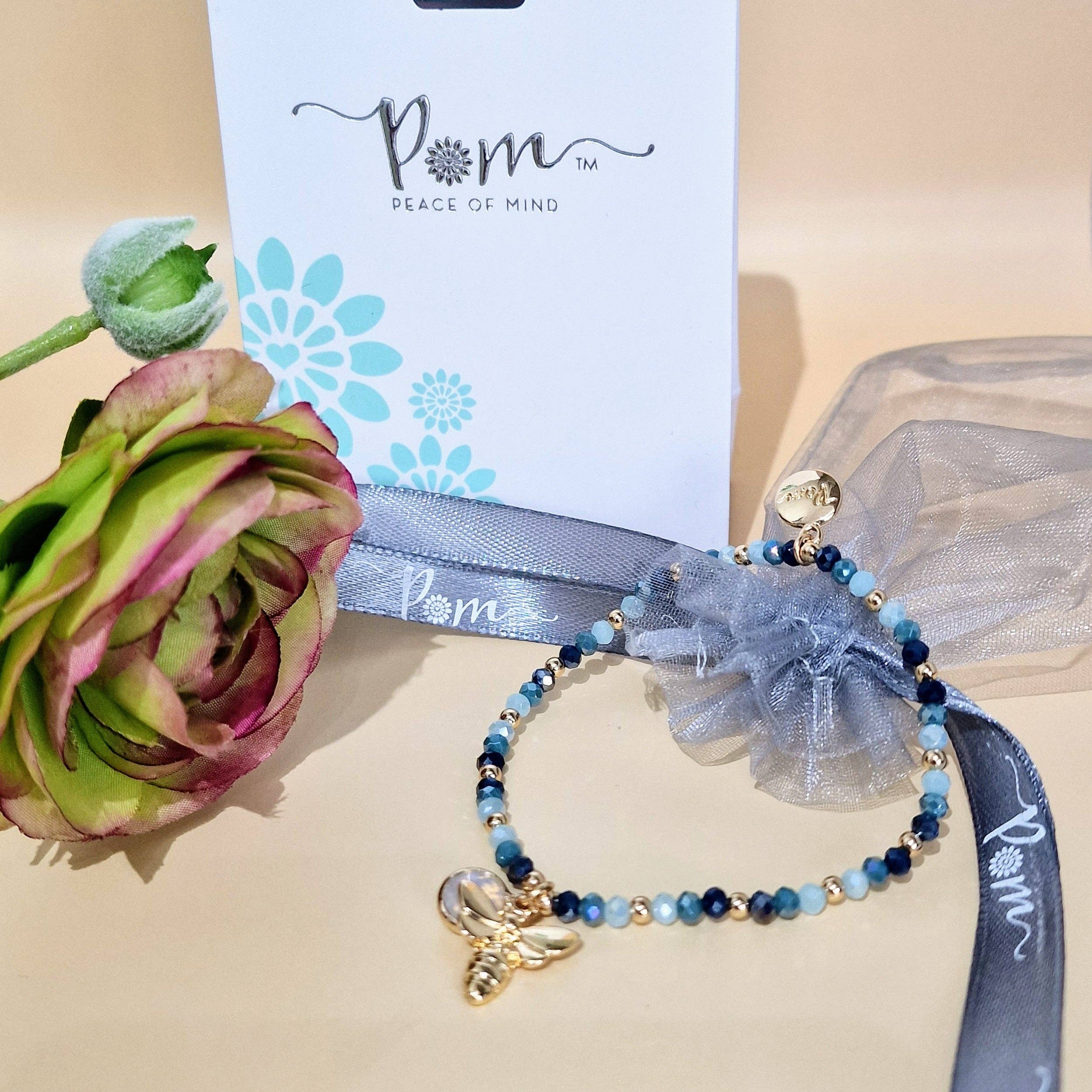 Bee my Oyster – wholesale Beaded bracelet – Denim Blue Crystal Beaded Stretch Bracelet Bee Charm by POM4