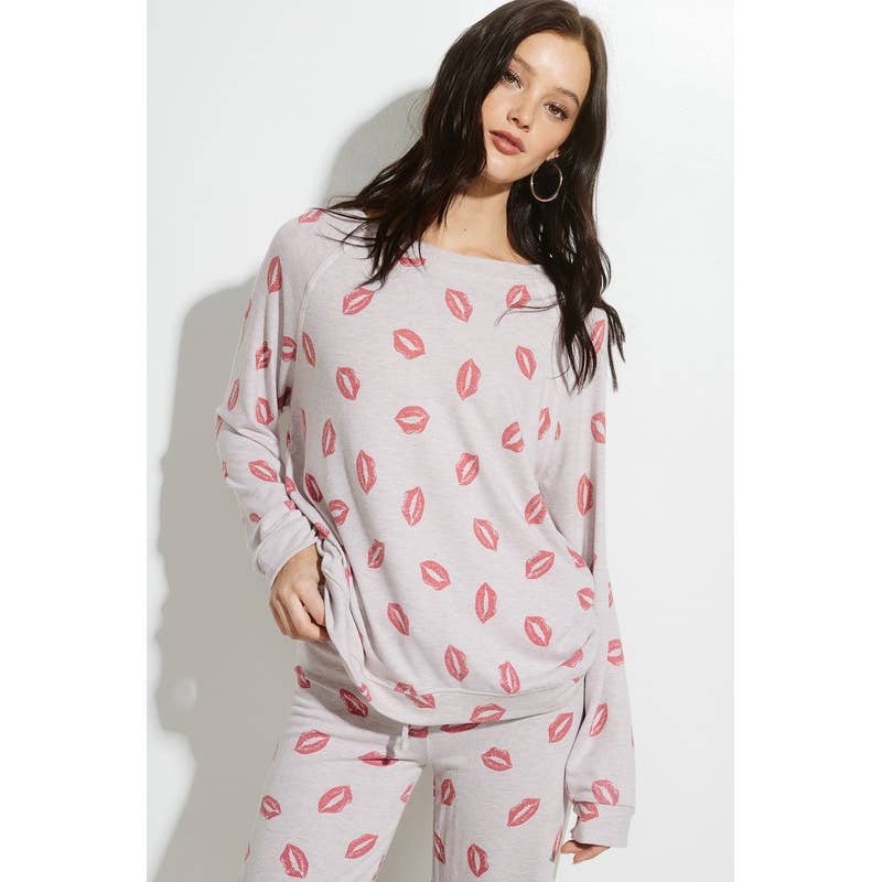 MintChoco - Wholesale Lounge Set - Women's - Lip all over print brushd soft lounge wear sets1