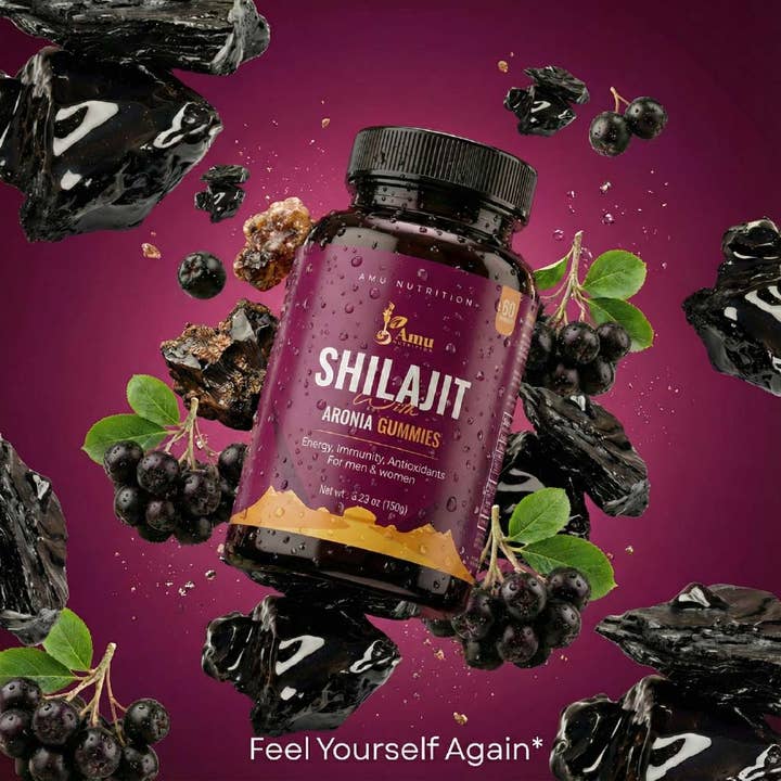Shilajit Gummies with Aronia, Premium Mongolian shilajit 60 for wholesale by Amu Nutrition