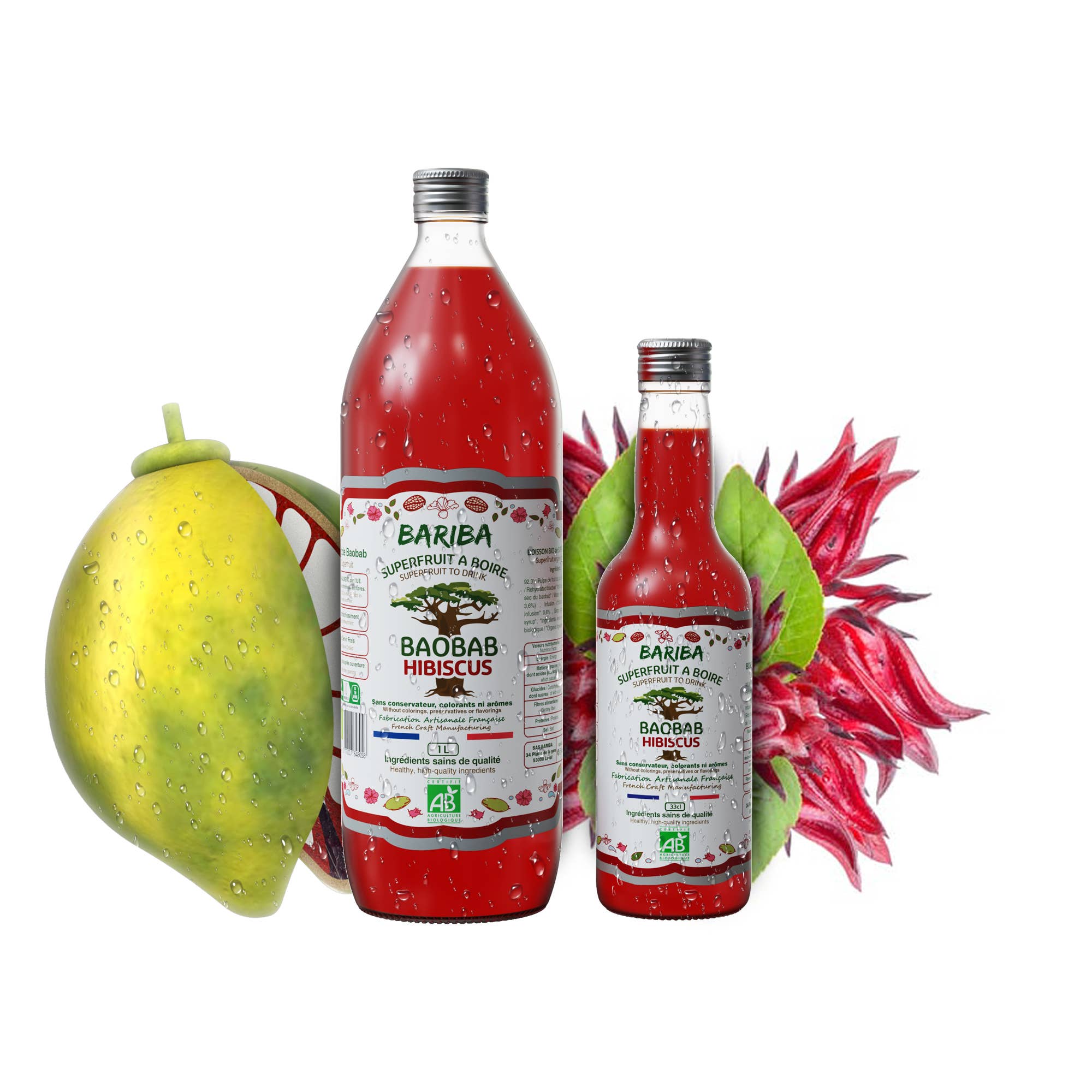 BARIBA - BOISSONS & COMPLEMENTS ALIMENTAIRES BIO - Vendita all'ingrosso Succhi di frutta - Succo naturale biologico di frutta Baobab e Ibisco 33 cl BARIBA2