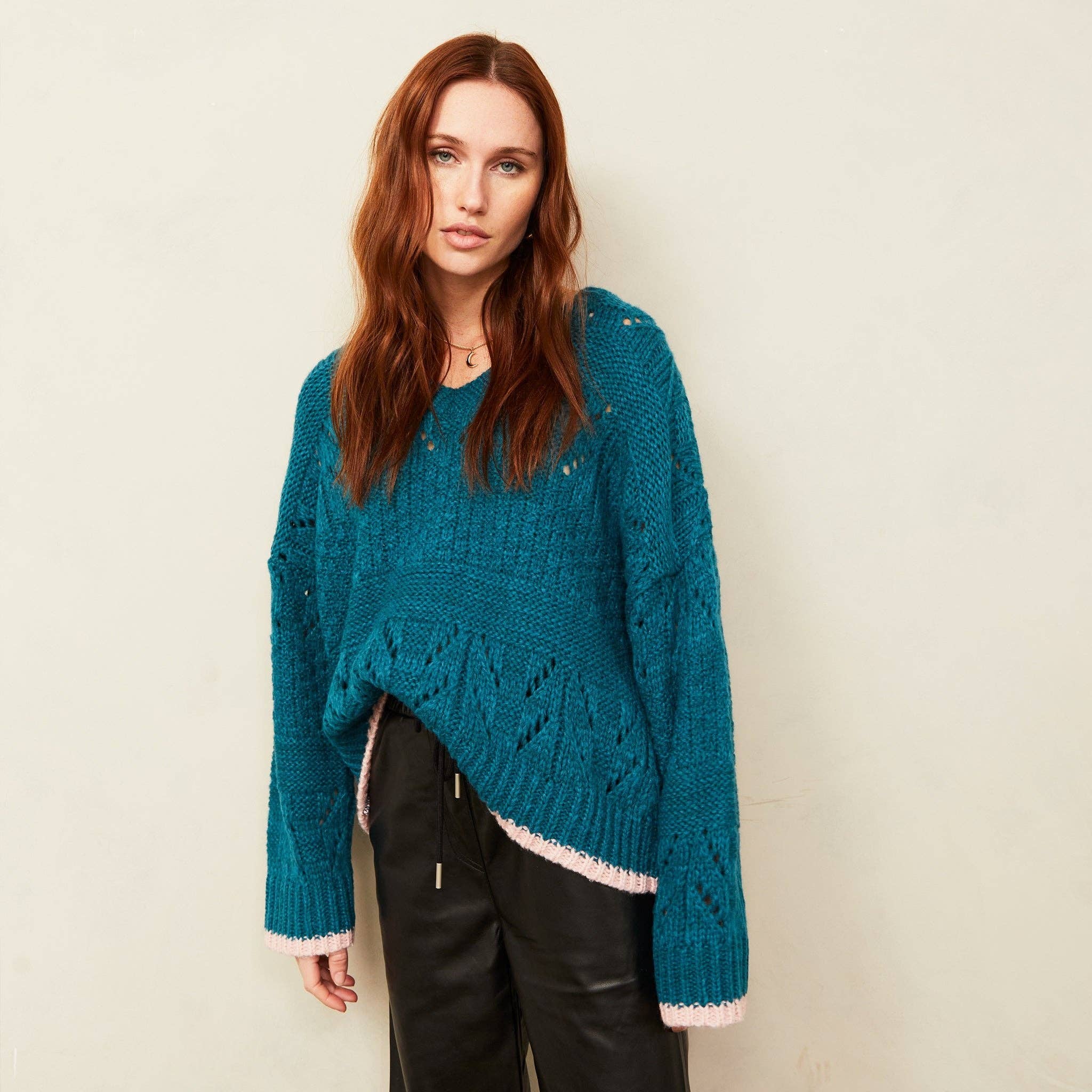 Cara & The Sky - Wholesale Knit Sweater - Women's - Zoe Pointelle V Neck Wide Sleeve Jumper - Teal5