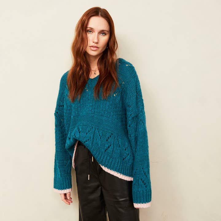 Cara & The Sky - Wholesale Knit Sweater - Women's - Zoe Pointelle V Neck Wide Sleeve Jumper - Teal5