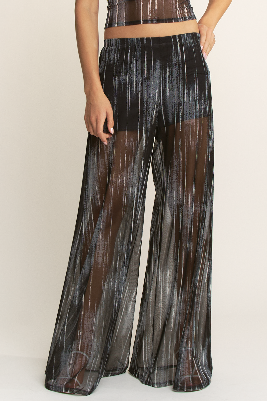 YNEZ - Wholesale Pants - Women's - Vibrant Stripe Print Sheer Wide Leg Cocktail Going Out Pant33